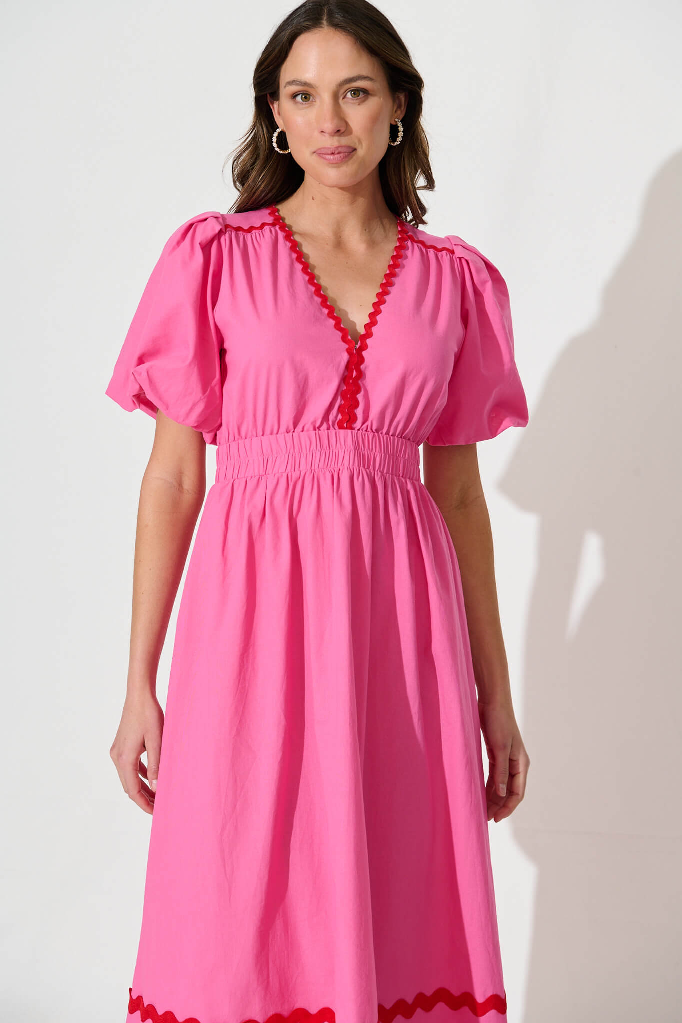 Indi Maxi Dress In Pink With Red Ric Rac Trim Cotton – St Frock