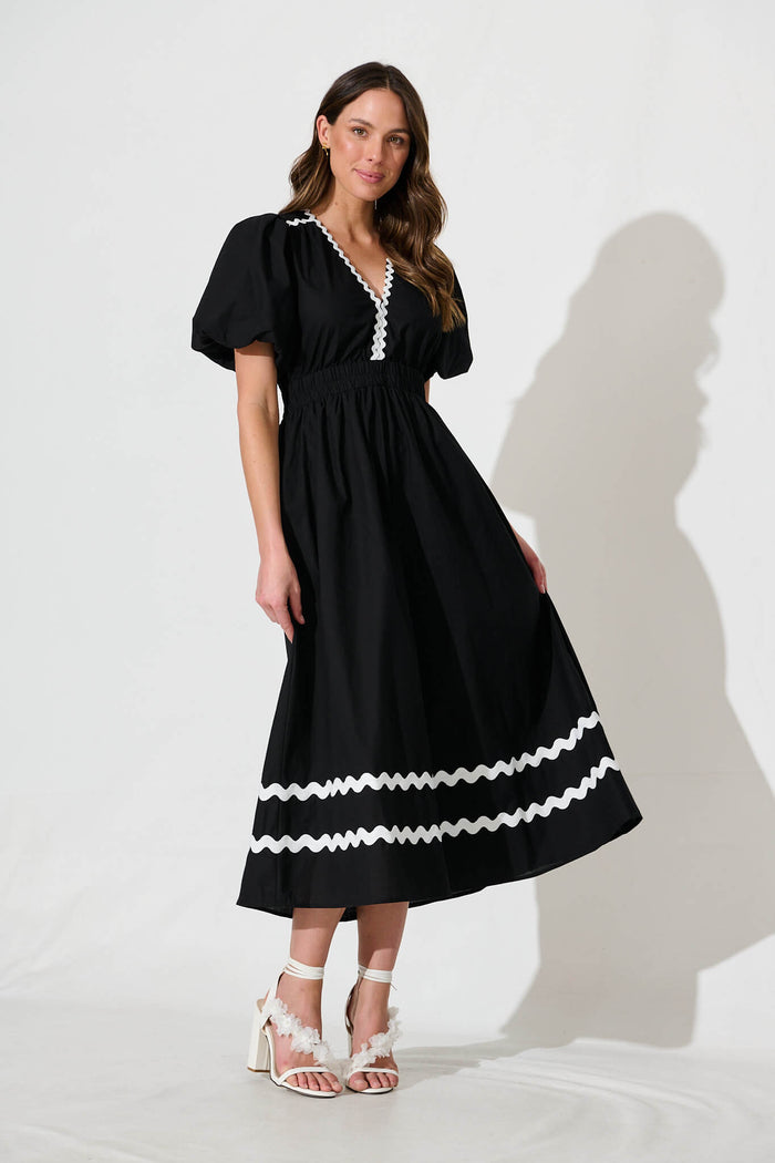 Indi Maxi Dress In Black With White Ric Rac Trim Cotton – St Frock Indi Maxi Dress In Black With White Ric Rac Trim Cotton – St Frock