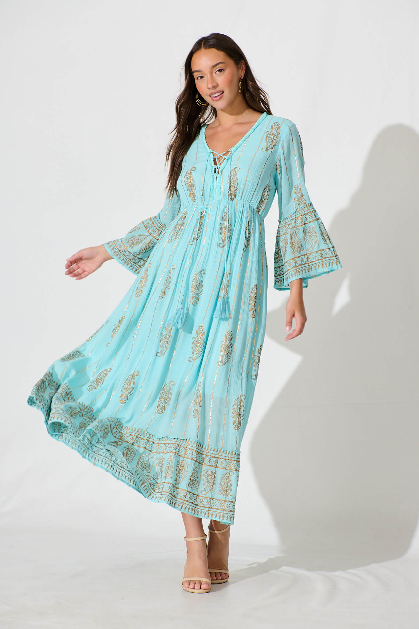 Ellie Maxi Dress in Aqua Blue with Gold Print St Frock Ellie Maxi Dress in Aqua Blue with Gold Print St Frock