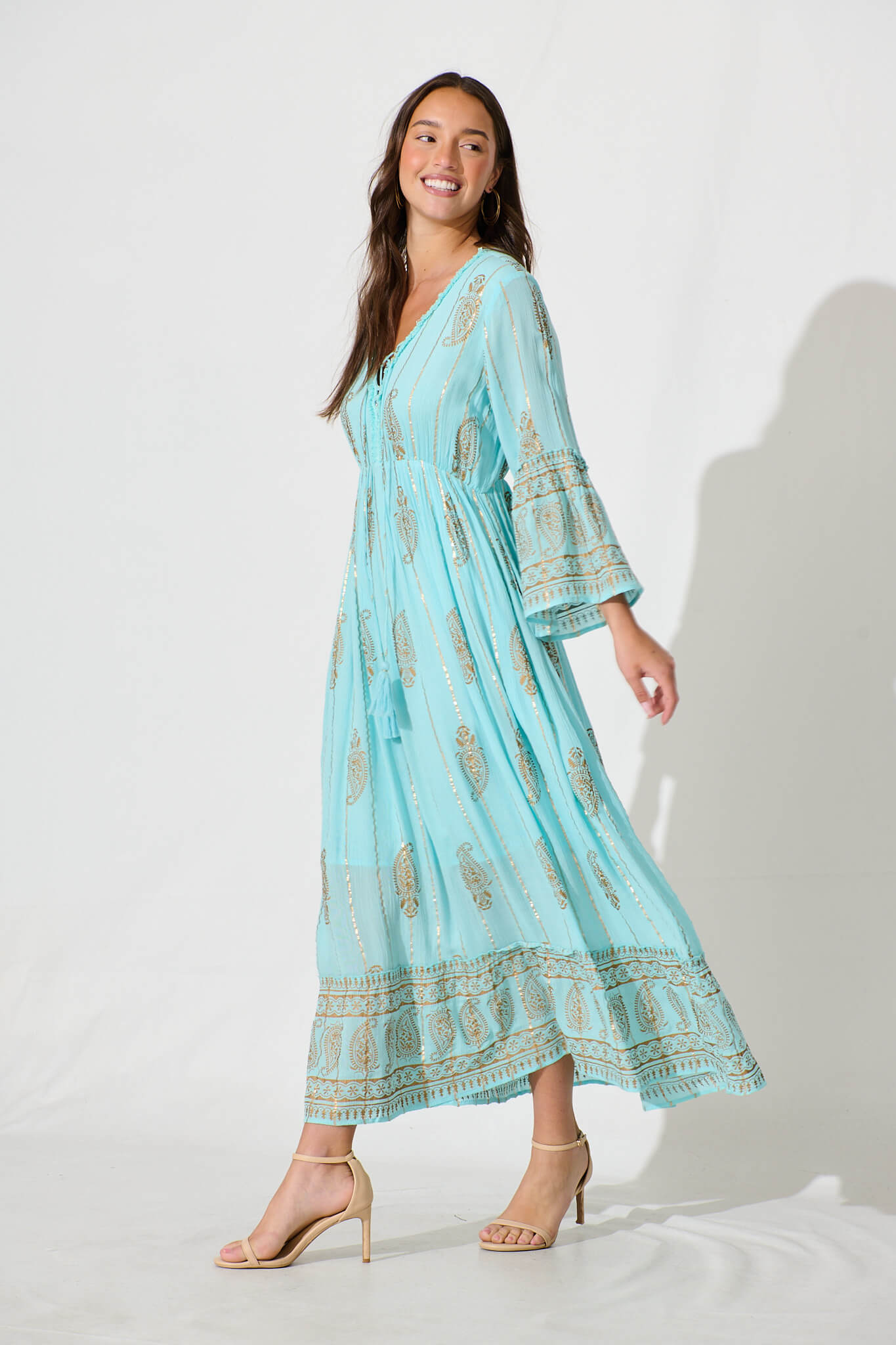 Ellie Maxi Dress in Aqua Blue with Gold Print St Frock Ellie Maxi Dress in Aqua Blue with Gold Print St Frock