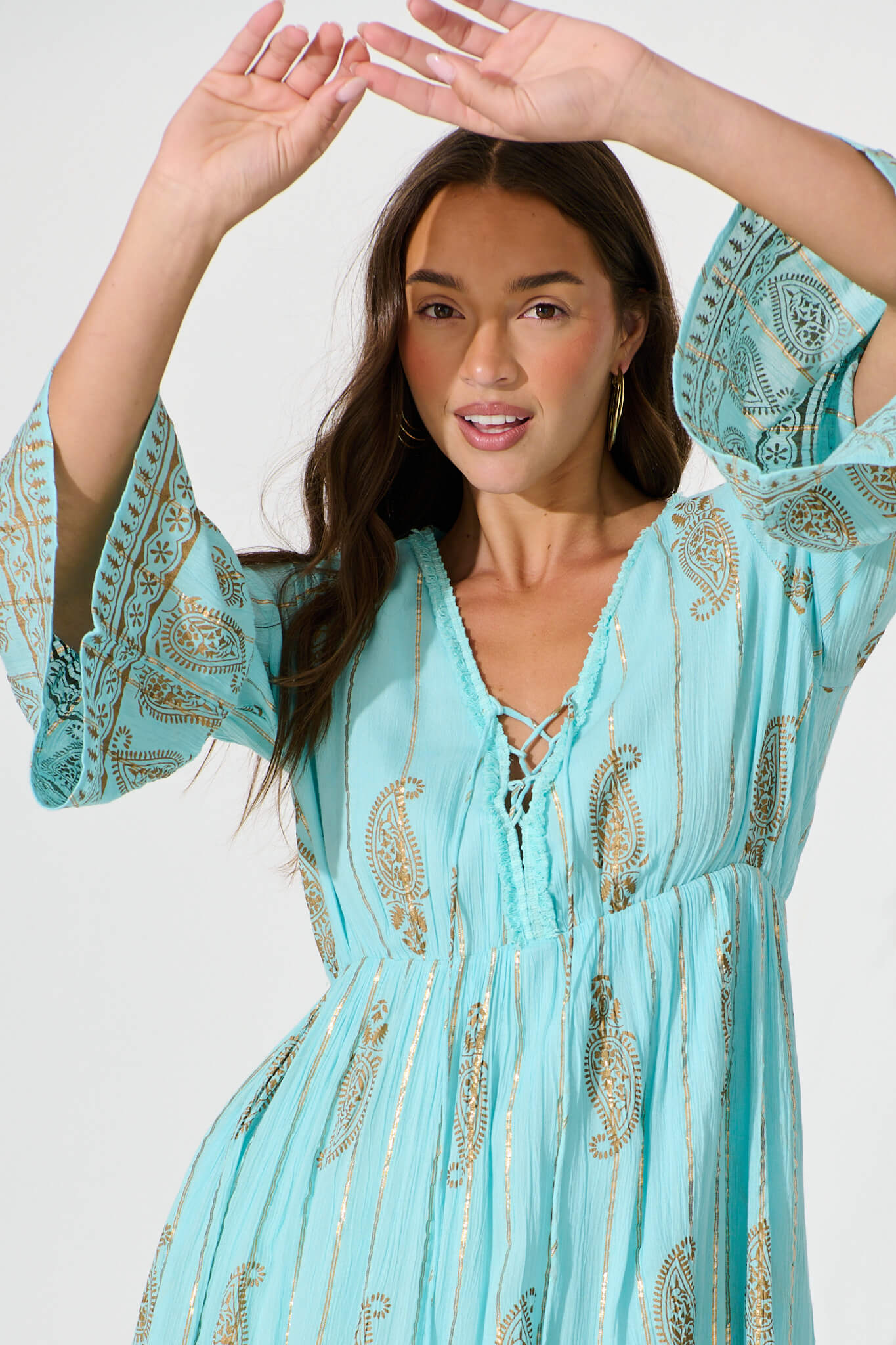 Ellie Maxi Dress in Aqua Blue with Gold Print St Frock Ellie Maxi Dress in Aqua Blue with Gold Print St Frock