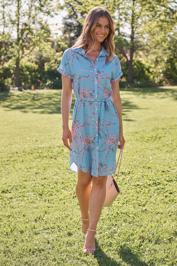 Maddison Shirt Dress In Pale Blue With Pink Cherry Blossom St Frock Maddison Shirt Dress In Pale Blue With Pink Cherry Blossom St Frock