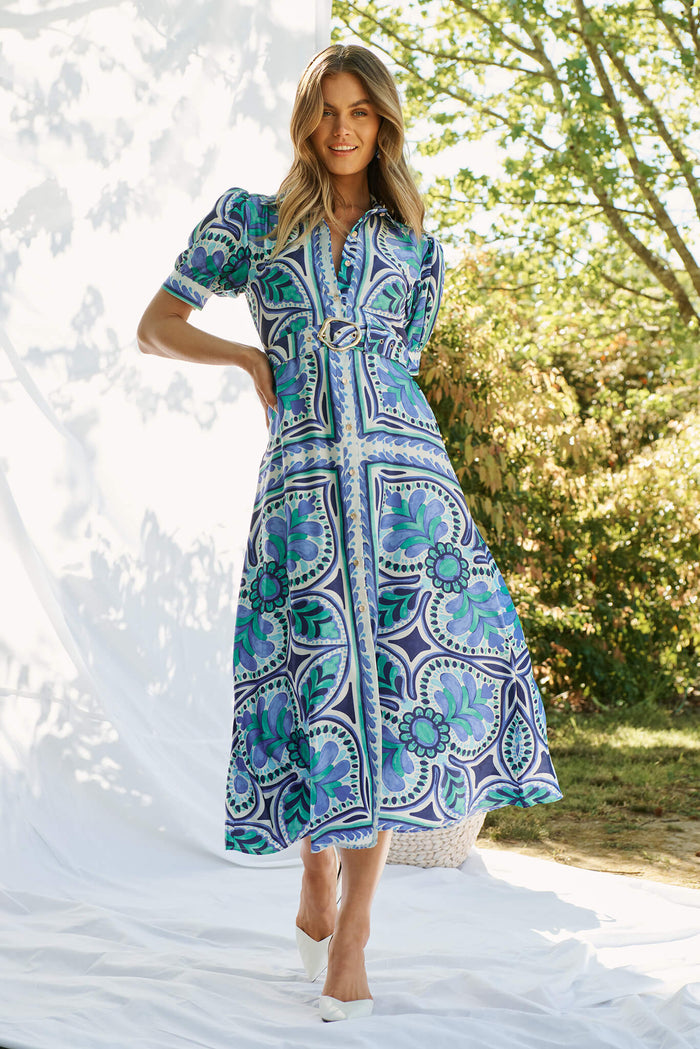 Halswell Maxi Shirt Dress In Blue And Green Tile Print St Frock Halswell Maxi Shirt Dress In Blue And Green Tile Print St Frock