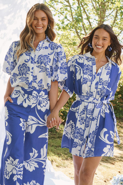 Orland Shirt In White With Blue Floral – St Frock