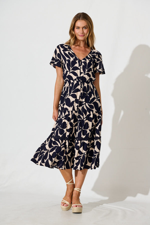 Laconia Midi Dress In Navy Leaf With Ric Rac Trim | St Frock