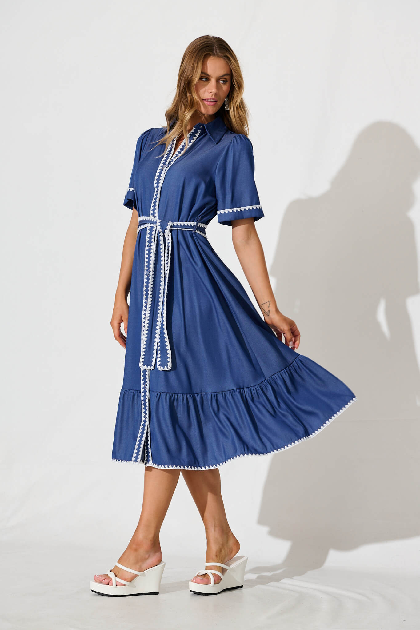 Aurora Midi Shirt Dress In Blue With White Contrast Stitch St Frock Aurora Midi Shirt Dress In Blue With White Contrast Stitch St Frock