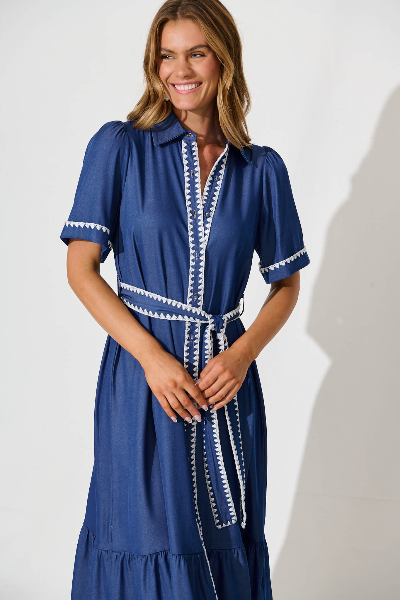 Aurora Midi Shirt Dress In Blue With White Contrast Stitch St Frock Aurora Midi Shirt Dress In Blue With White Contrast Stitch St Frock
