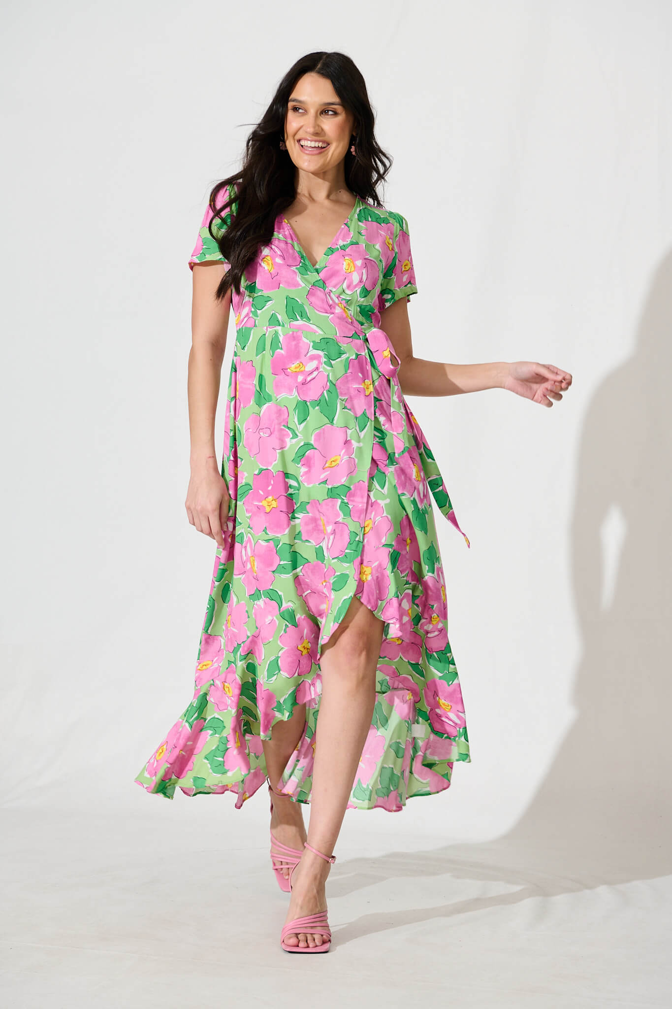 Naira Midi Wrap Dress in Green and Purple Floral St Frock Naira Midi Wrap Dress in Green and Purple Floral St Frock