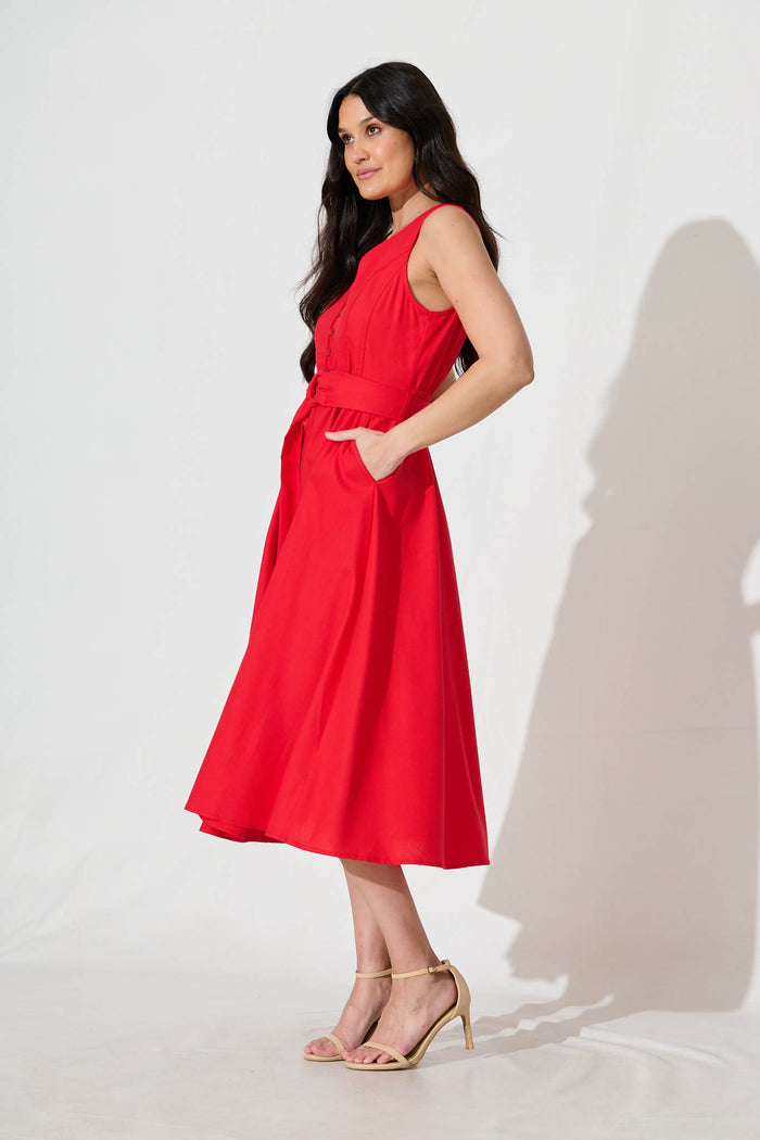 Iliya Midi Dress in Red Cotton Linen St Frock Iliya Midi Dress in Red Cotton Linen St Frock