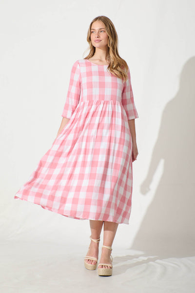 Zara Midi Smock Dress in Pink with White Gingham Cotton -