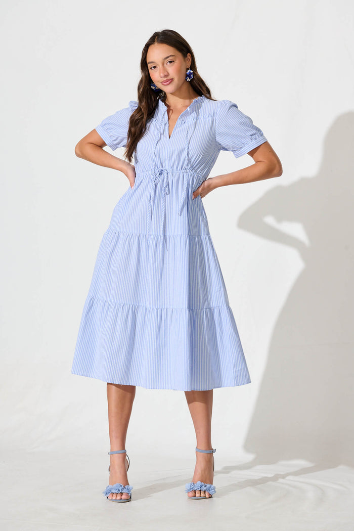Micah Midi Dress in Blue and White Stripe Cotton Blend St Frock Micah Midi Dress in Blue and White Stripe Cotton Blend St Frock