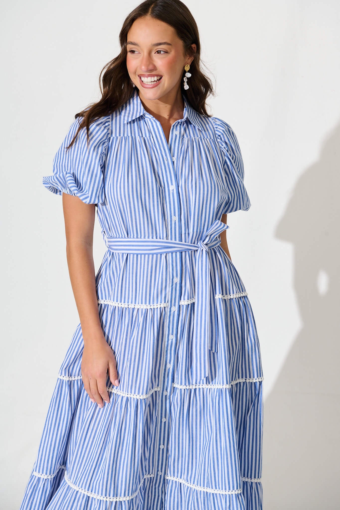 Riverina Midi Shirt Dress in Blue with White Stripe Cotton St Frock Riverina Midi Shirt Dress in Blue with White Stripe Cotton St Frock