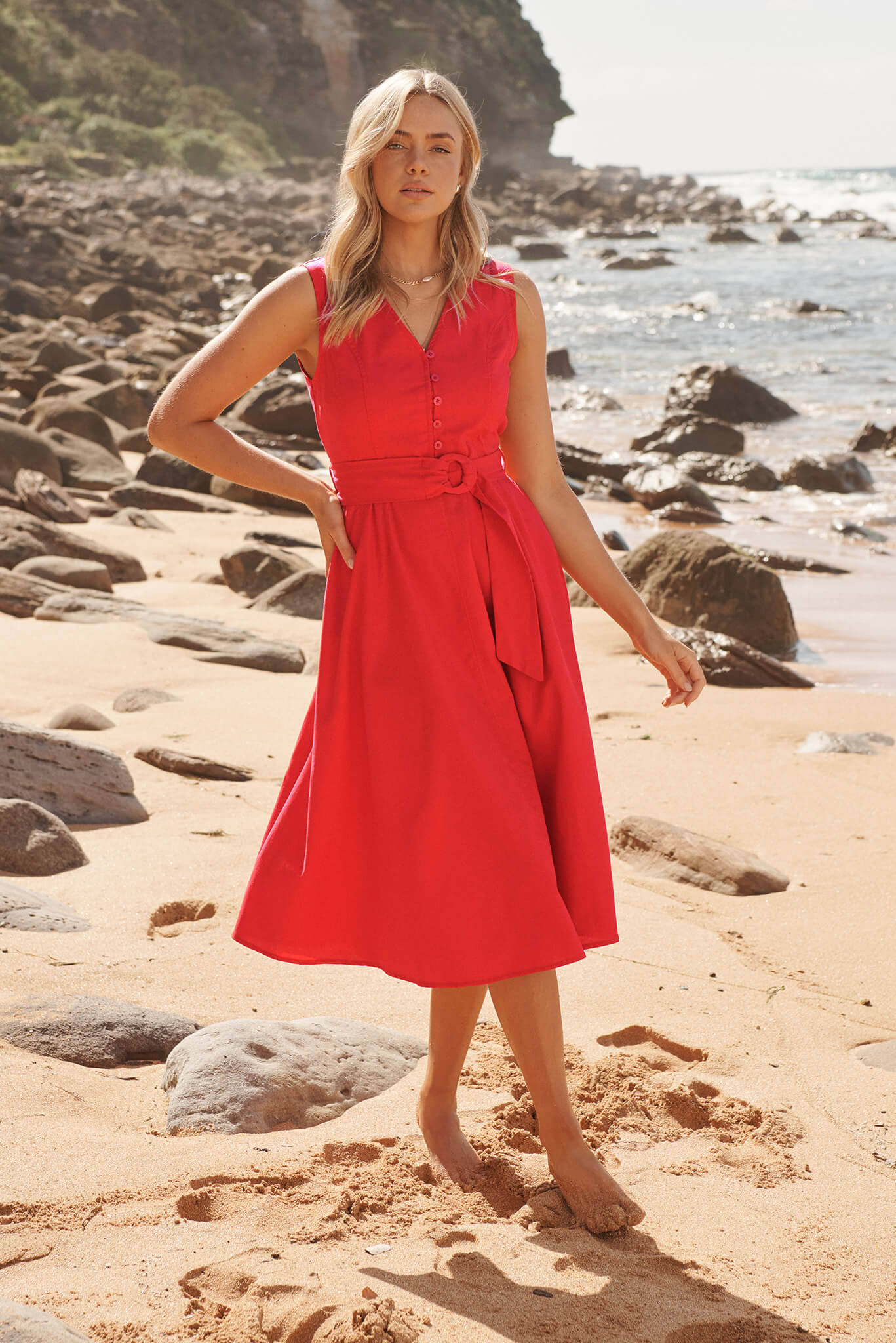 Iliya Midi Dress in Red Cotton Linen St Frock Iliya Midi Dress in Red Cotton Linen St Frock