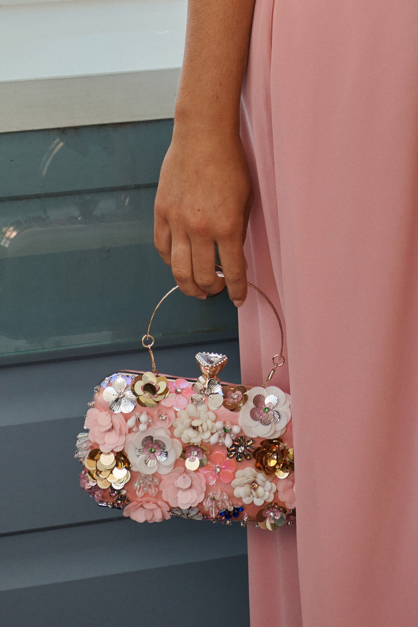 Quinn Clutch Bag in Blush with 3D Multi Sequin Floral St Frock