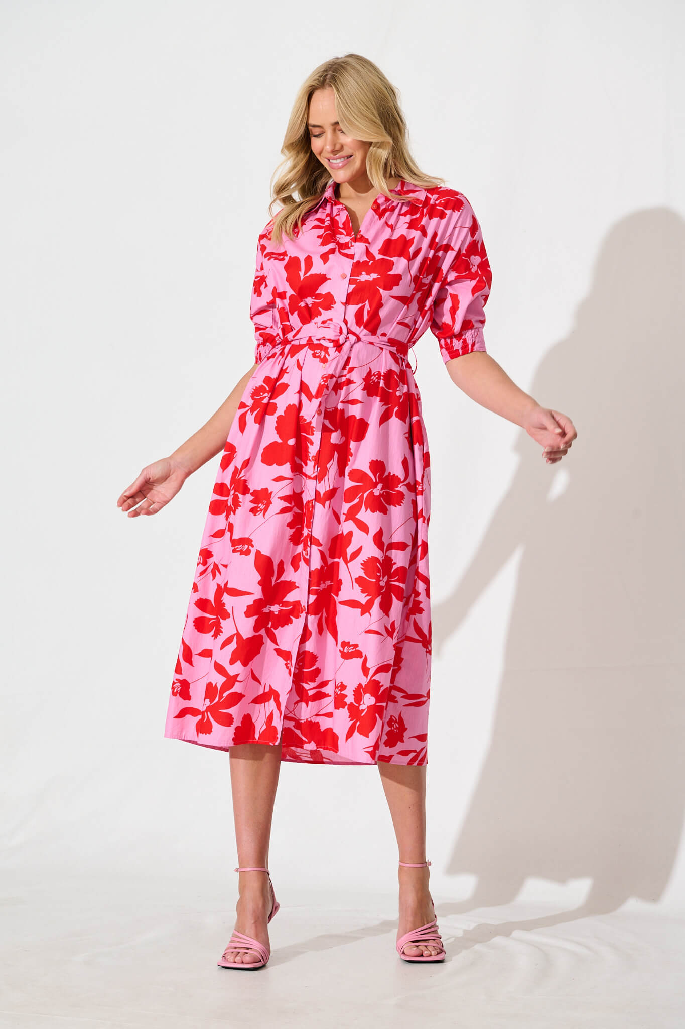 Scottdale Midi Shirt Dress in Pink with Red Floral Cotton – St Frock