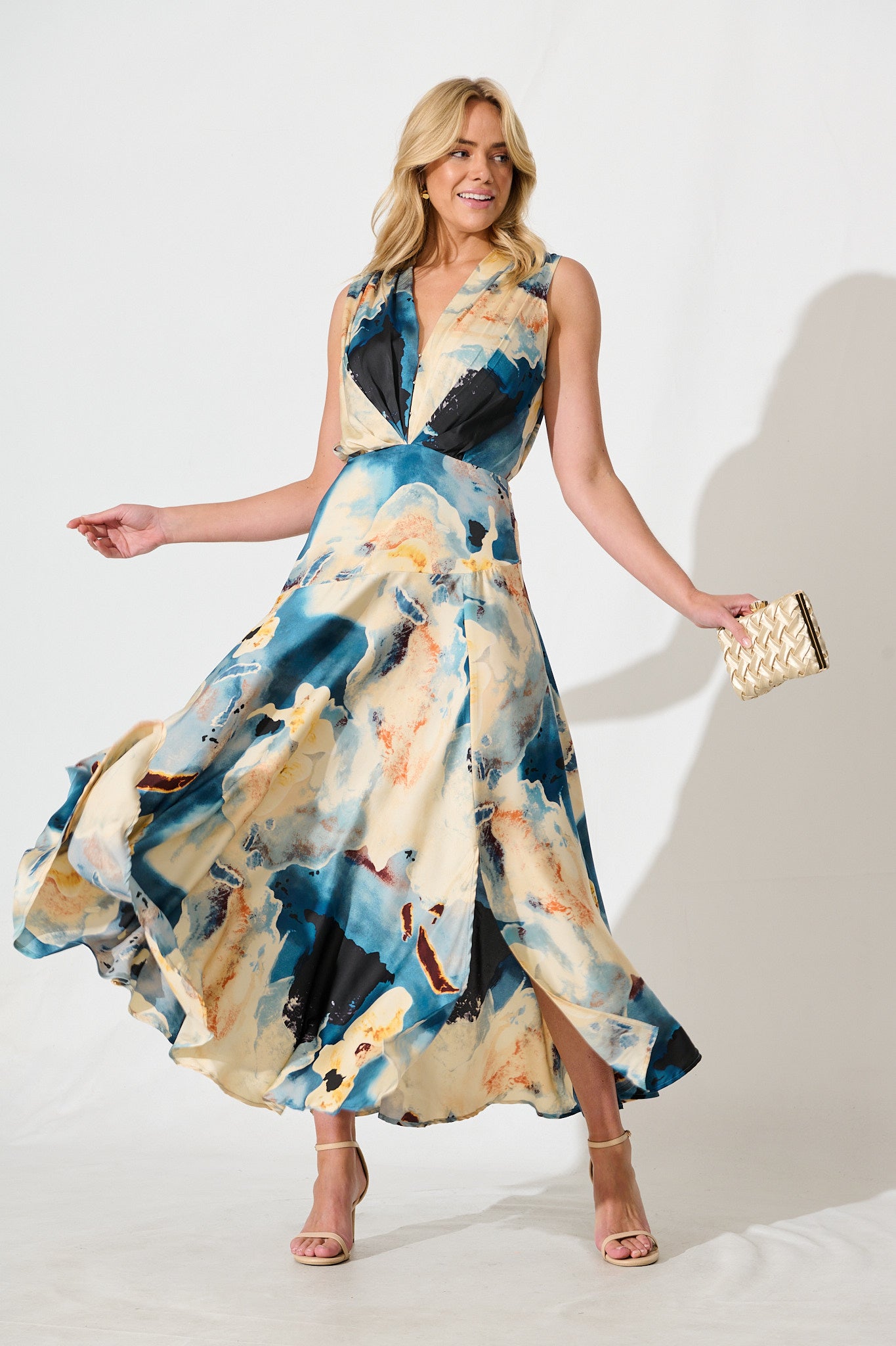 Jenibelle Maxi Dress in Blue And Cream Watercolour Satin St Frock Jenibelle Maxi Dress in Blue And Cream Watercolour Satin St Frock