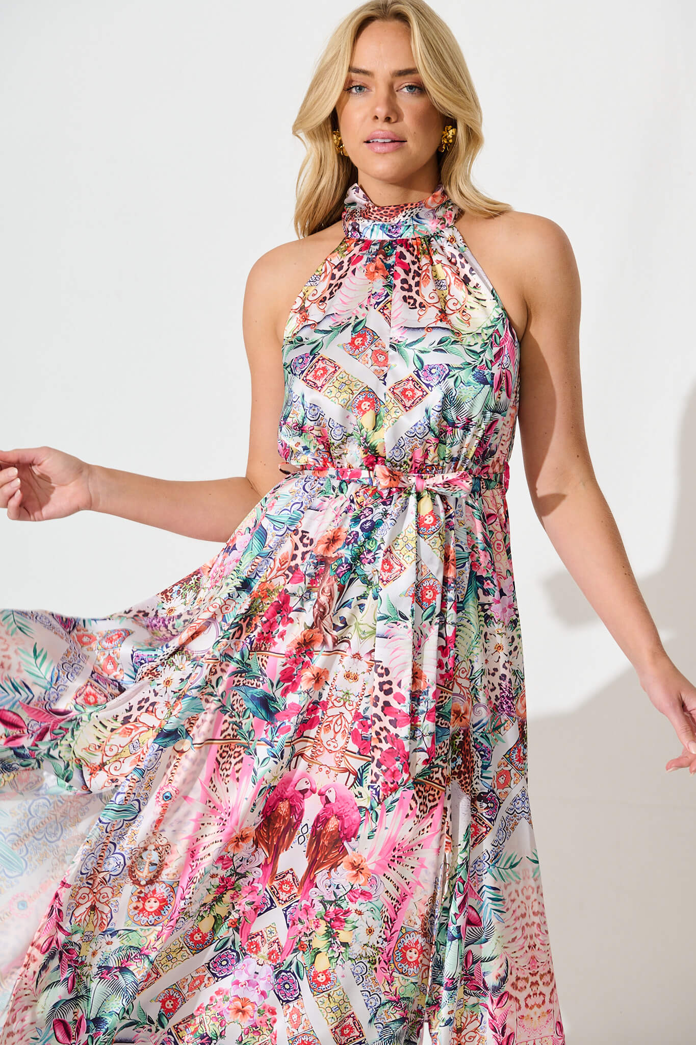 Kiss Me Halter Neck Maxi Dress in White Multi Satin St Frock Kiss Me Halter Neck Maxi Dress in White Multi Satin St Frock