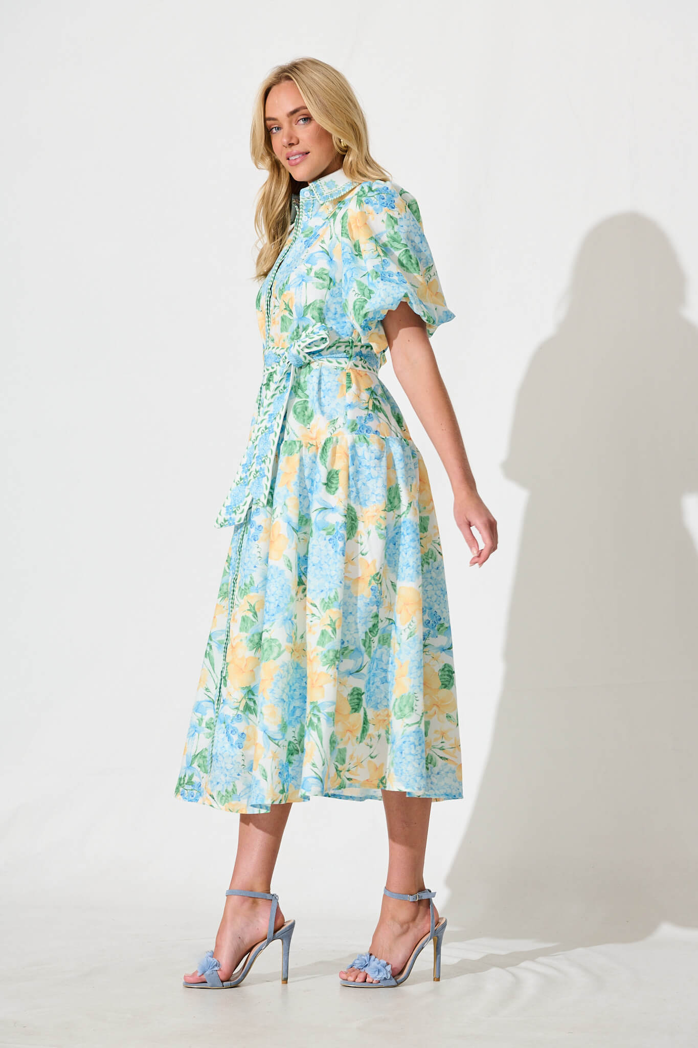 Lovelife Maxi Shirt Dress In Blue Yellow Floral Linen Blend