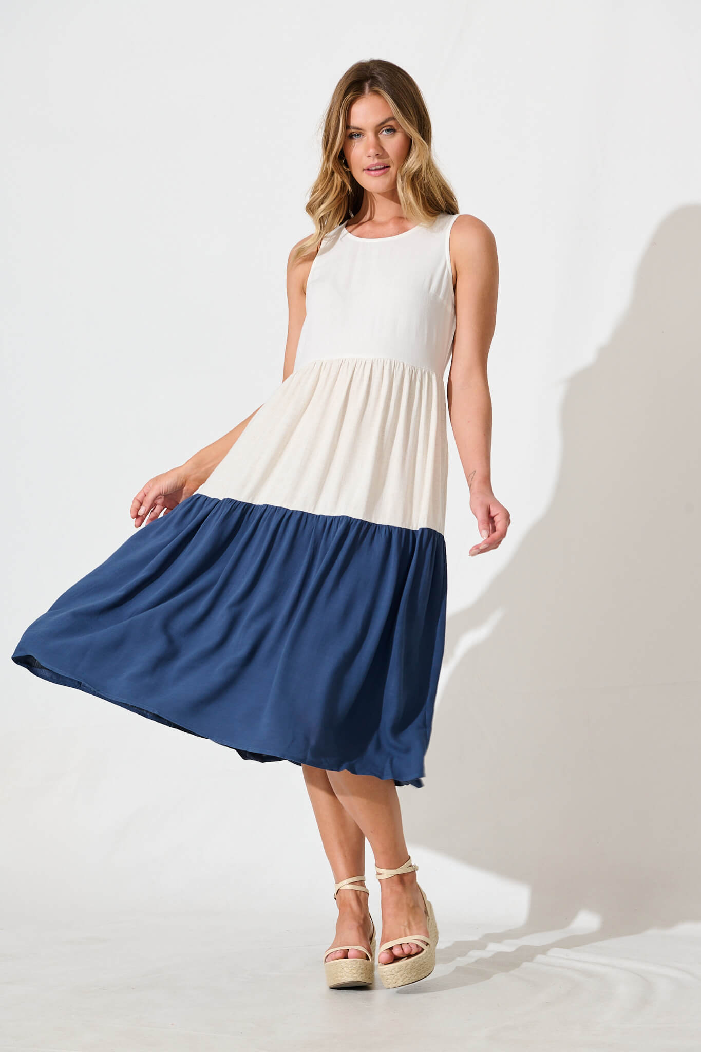 Cecily Midi Dress In Navy Colourblock Linen Blend – St Frock