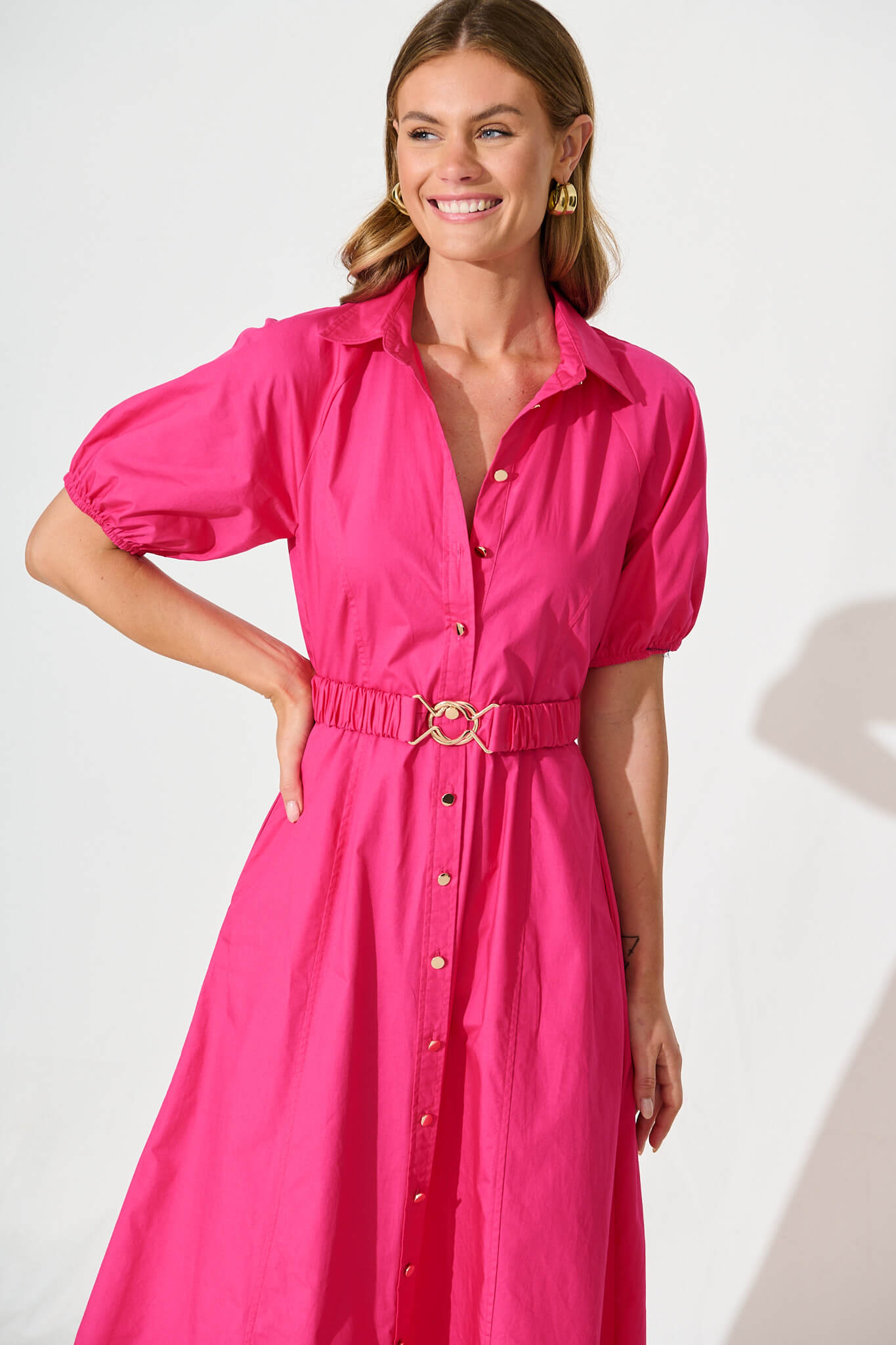 Lydon Midi Dress in Hot Pink Cotton St Frock Lydon Midi Dress in Hot Pink Cotton St Frock