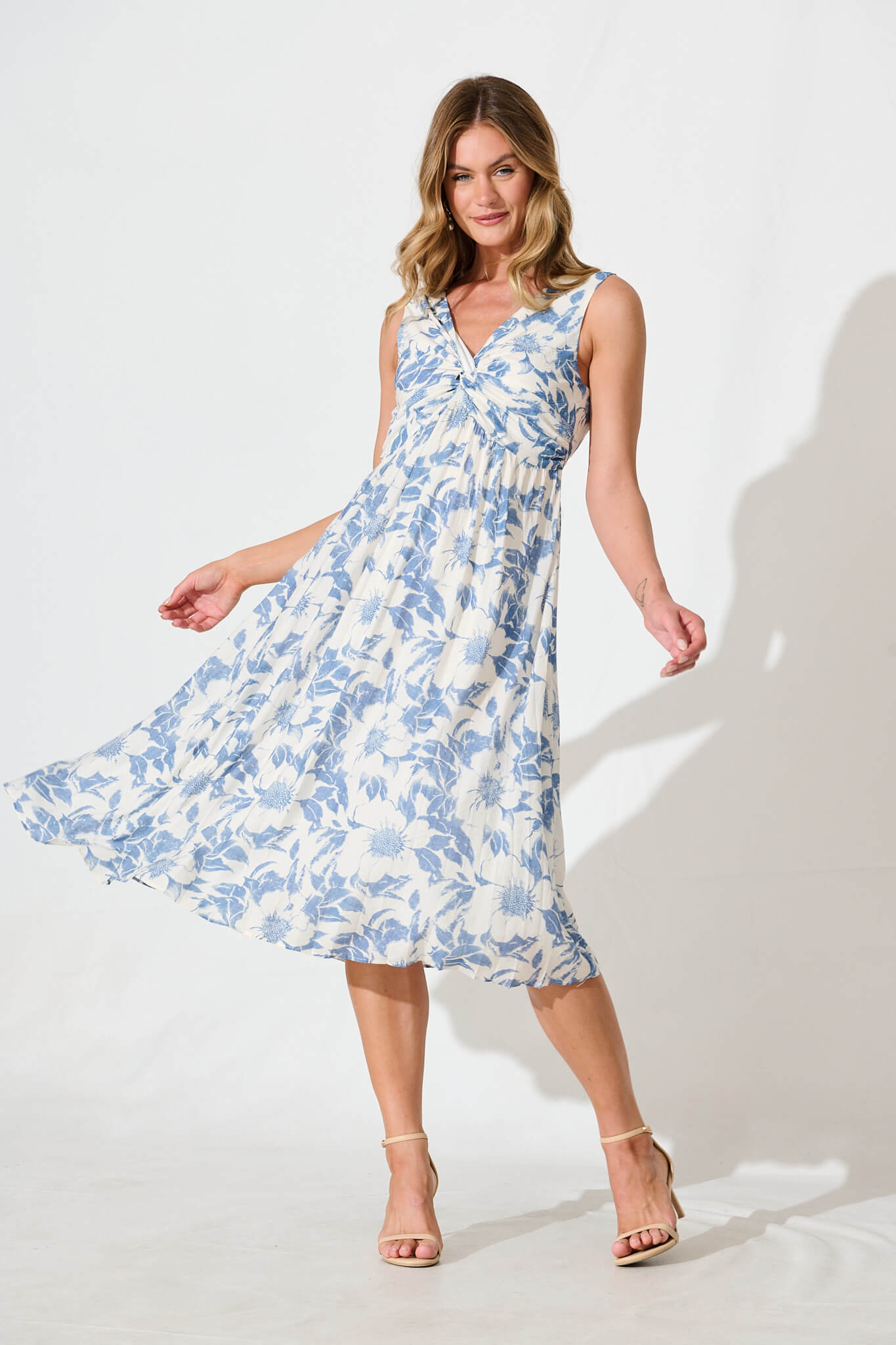 Xanthia Midi Dress in White with Blue Flower St Frock Xanthia Midi Dress in White with Blue Flower St Frock