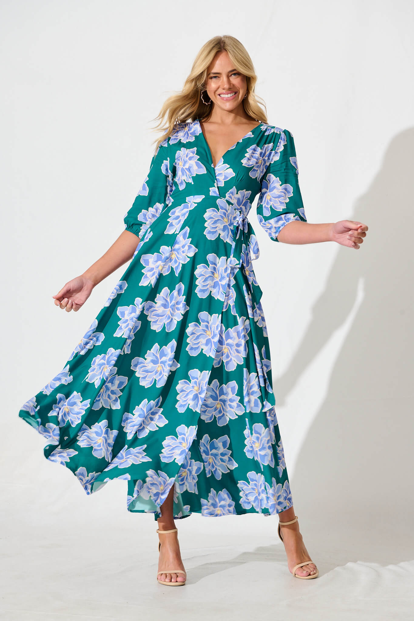 Ronda Maxi Wrap Dress In Emerald With Blue Floral – St Frock
