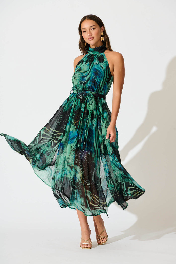 Kiss Me Halter Neck Maxi Dress in Green Multi Chiffon St Frock Kiss Me Halter Neck Maxi Dress in Green Multi Chiffon St Frock