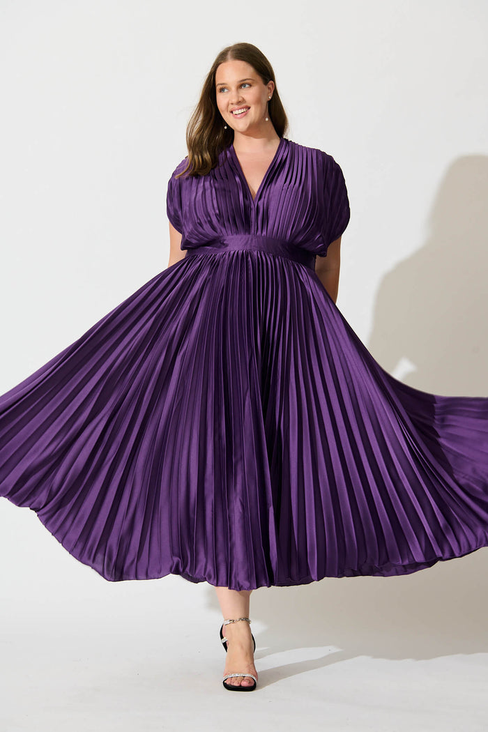 purple pleated dress ZARA NEW WOMAN FW23 CUT OUT MIDI the Ieena Duggal 56035 masterpiece embodies timeless elegance Women's Purple Elegant A-Line Pleated