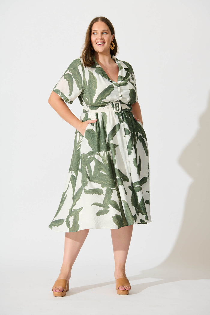 My Sweet Midi Shirt Dress In White With Green Leaf Print St Frock My Sweet Midi Shirt Dress In White With Green Leaf Print St Frock