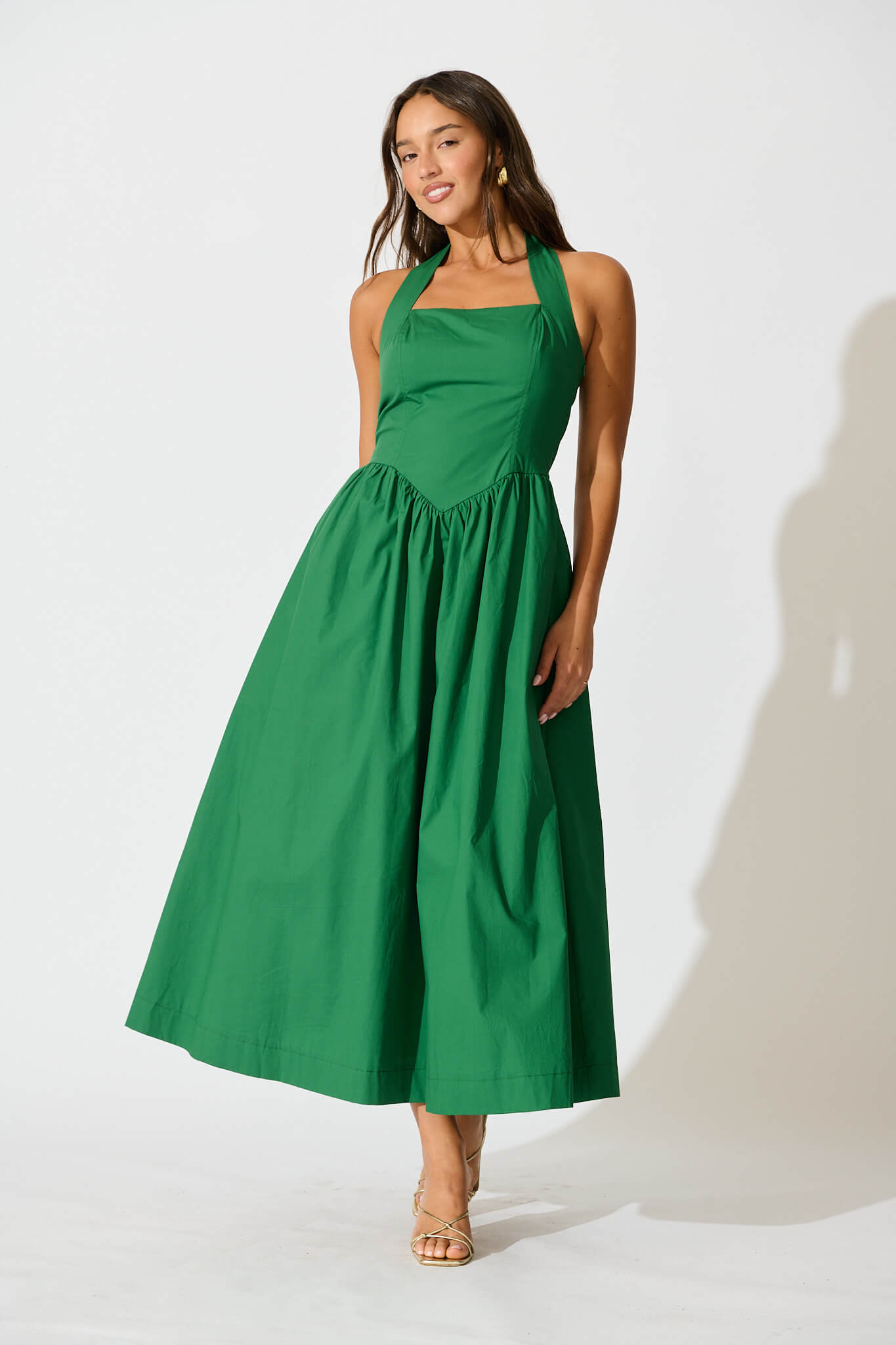 Lanna Halter Neck Maxi Dress in Green Cotton St Frock Lanna Halter Neck Maxi Dress in Green Cotton St Frock