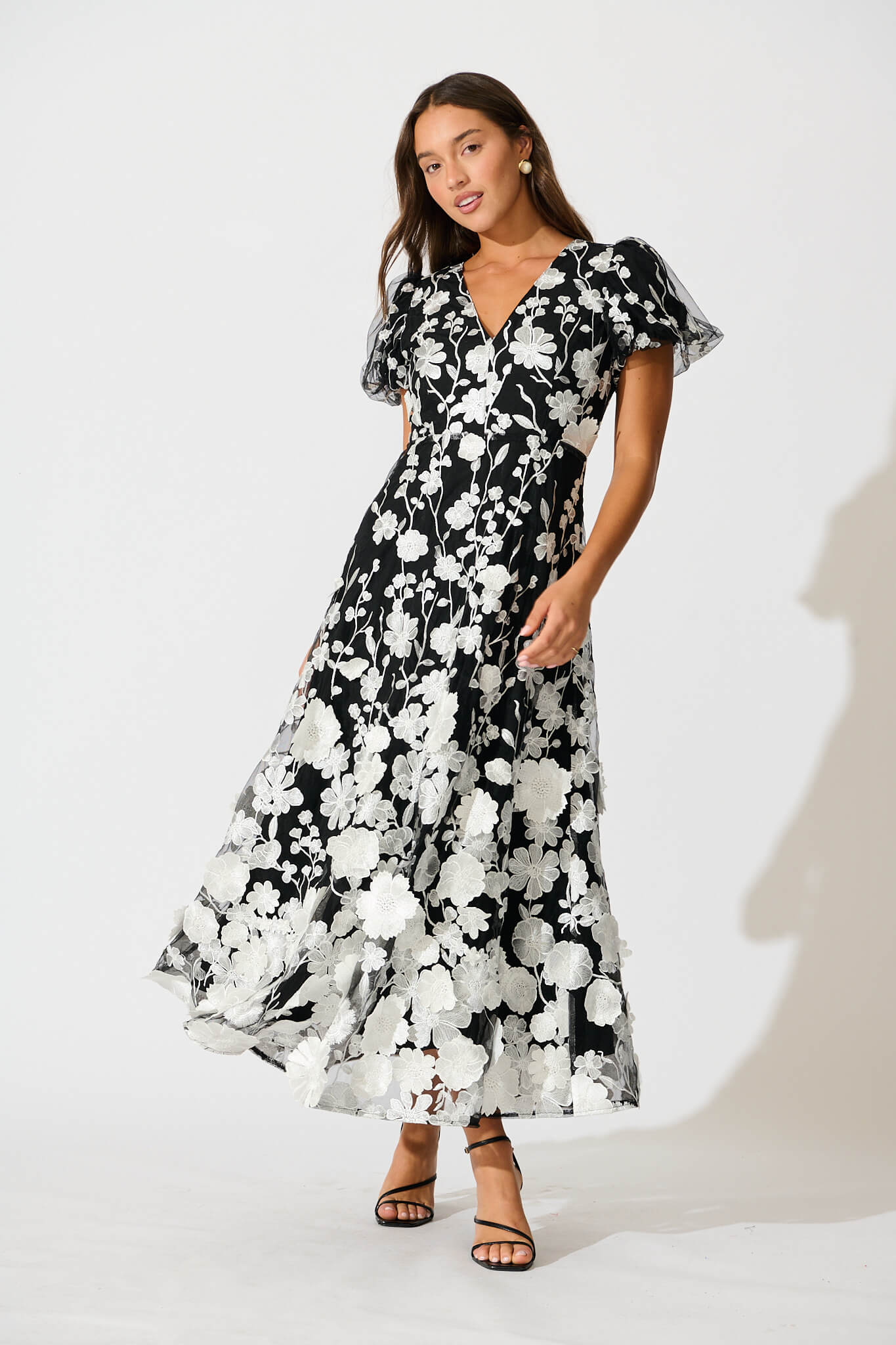 Nashira Maxi Dress in Black and White Embroidered Tulle – St Frock