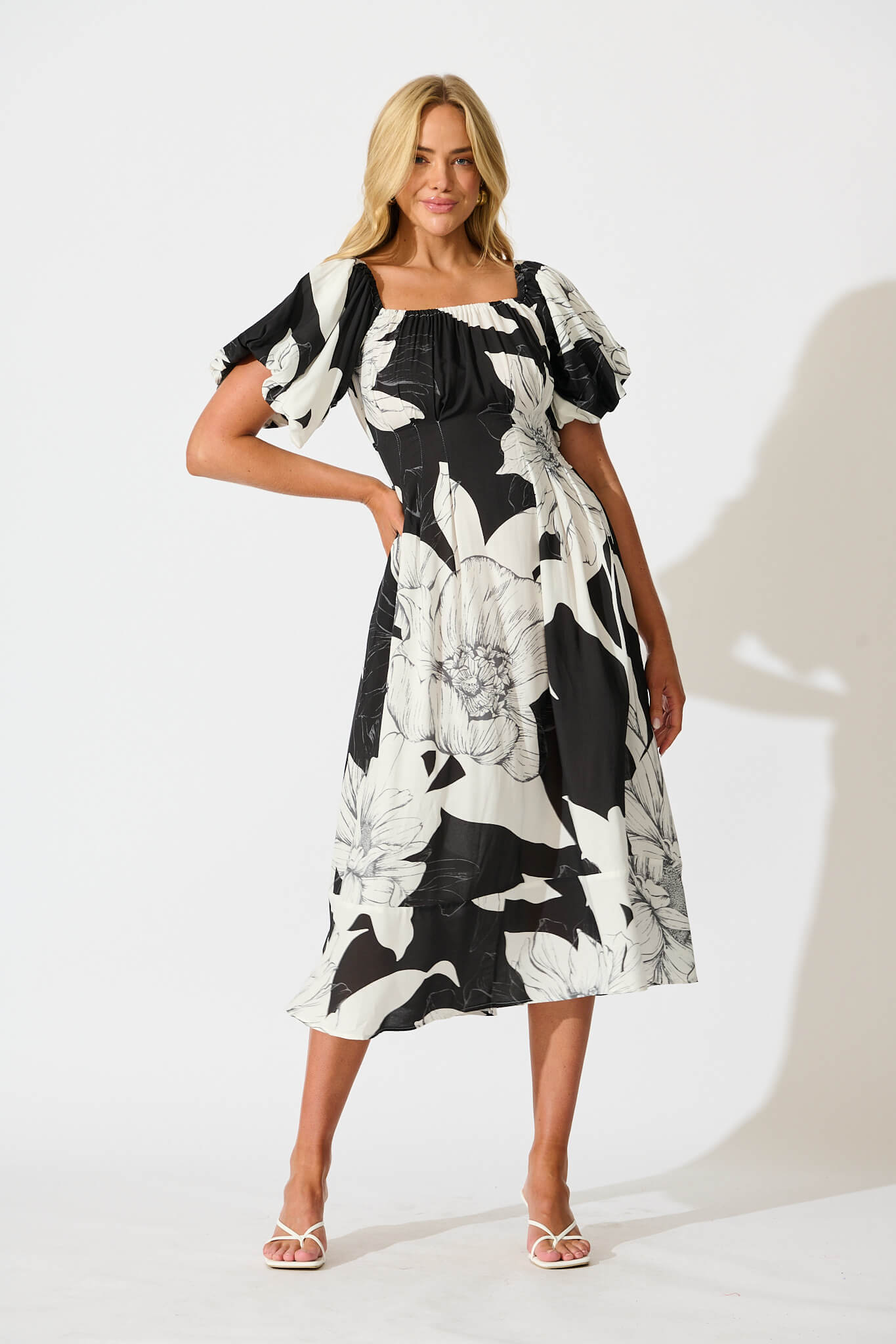 Wintour Midi Dress In Black With White Floral – St Frock