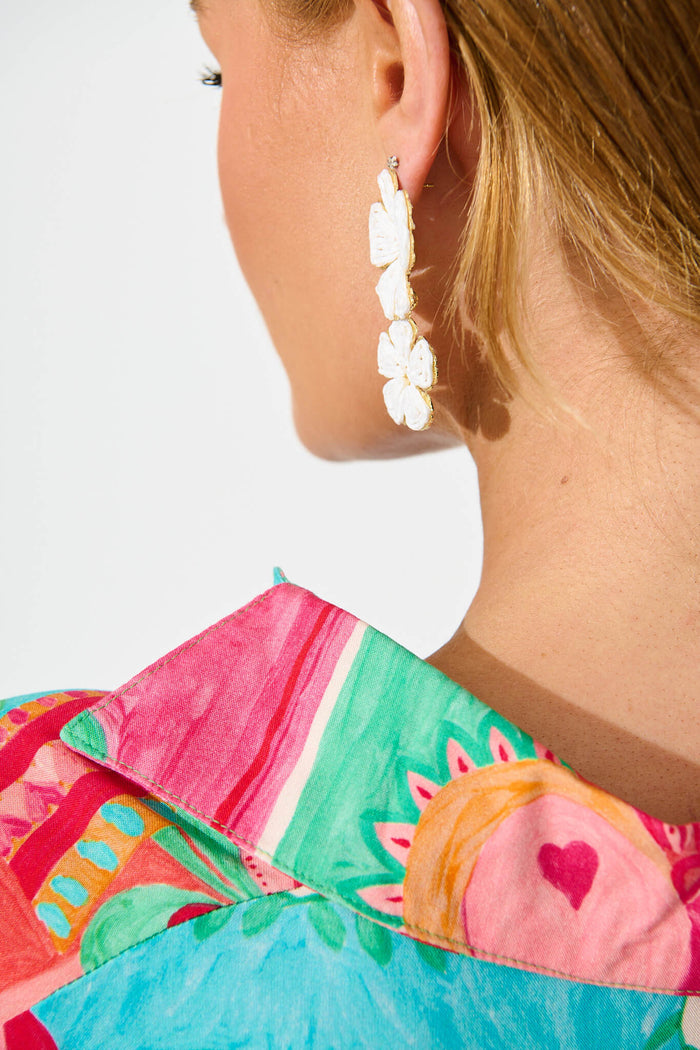 Myka Drop Earring in White Straw on model back detail