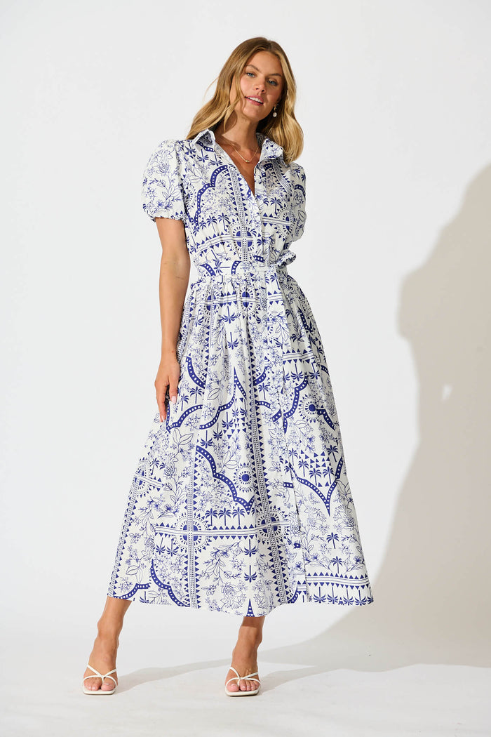 Delsanti Maxi Shirt Dress In White and Blue Cotton Linen St Frock Delsanti Maxi Shirt Dress In White and Blue Cotton Linen St Frock