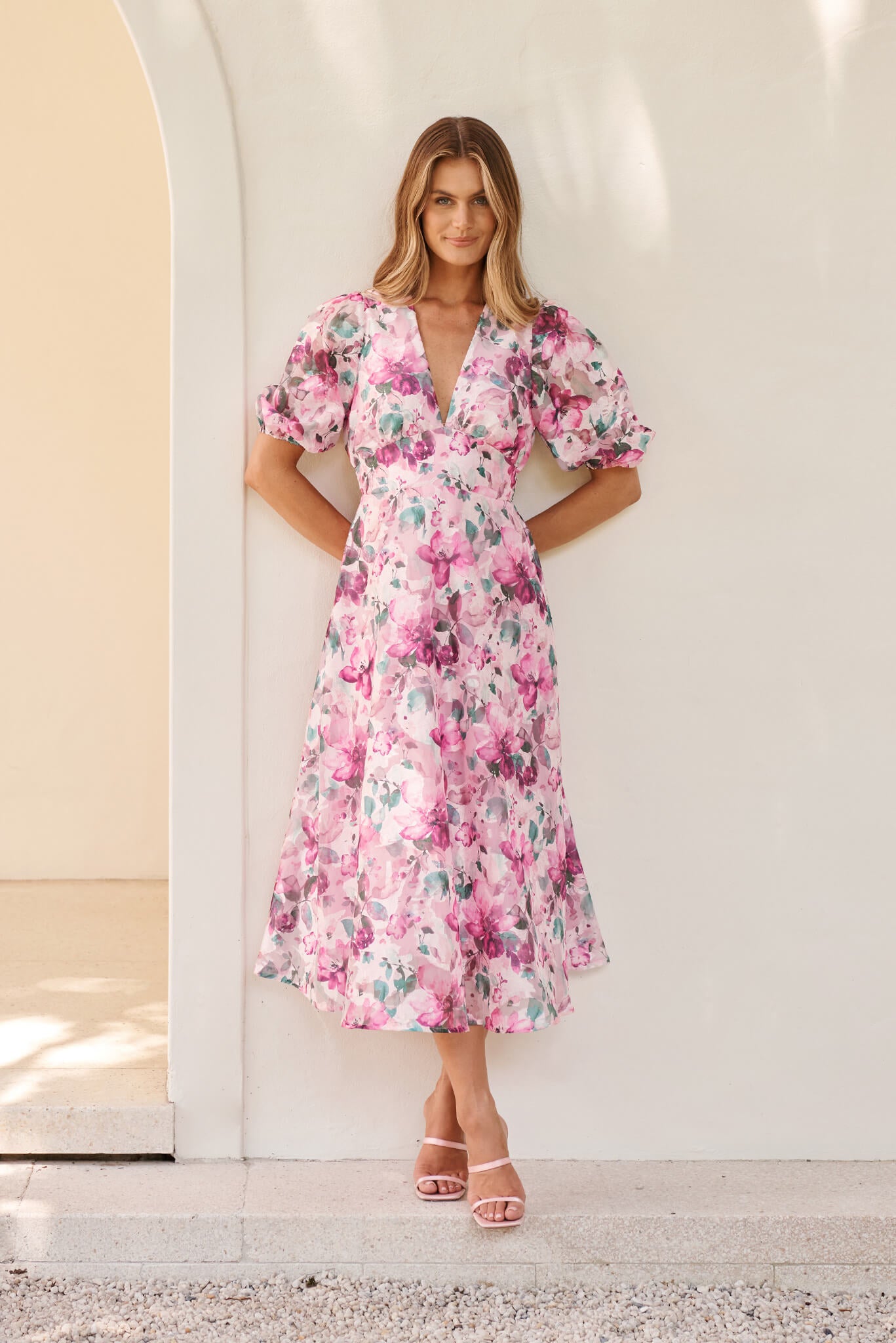 Opulence Midi Dress in Multi Pink Floral Organza St Frock Opulence Midi Dress in Multi Pink Floral Organza St Frock