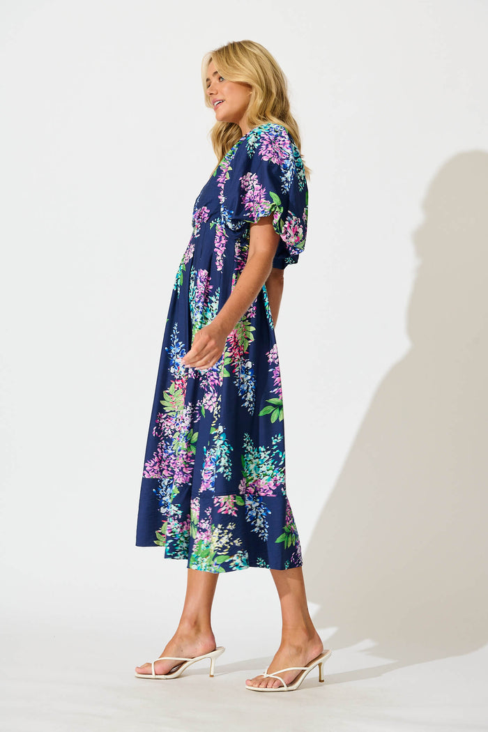 Daydreamer Midi Dress in Navy Wisteria Print St Frock Daydreamer Midi Dress in Navy Wisteria Print St Frock