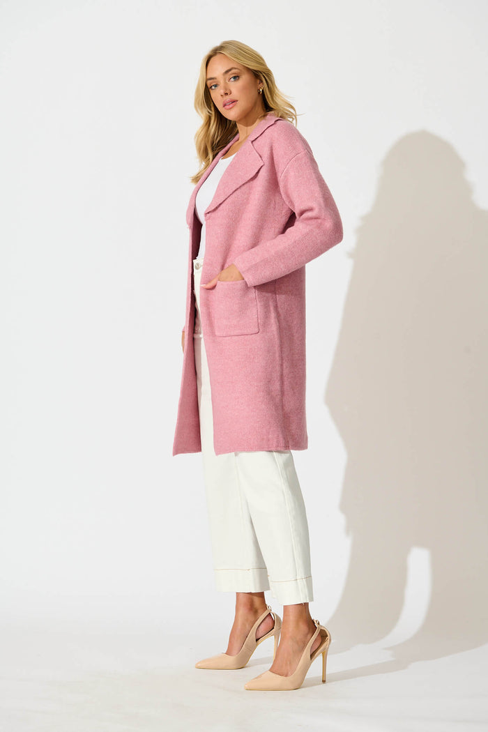 St Ives Coatigan in Pink Wool Blend - side