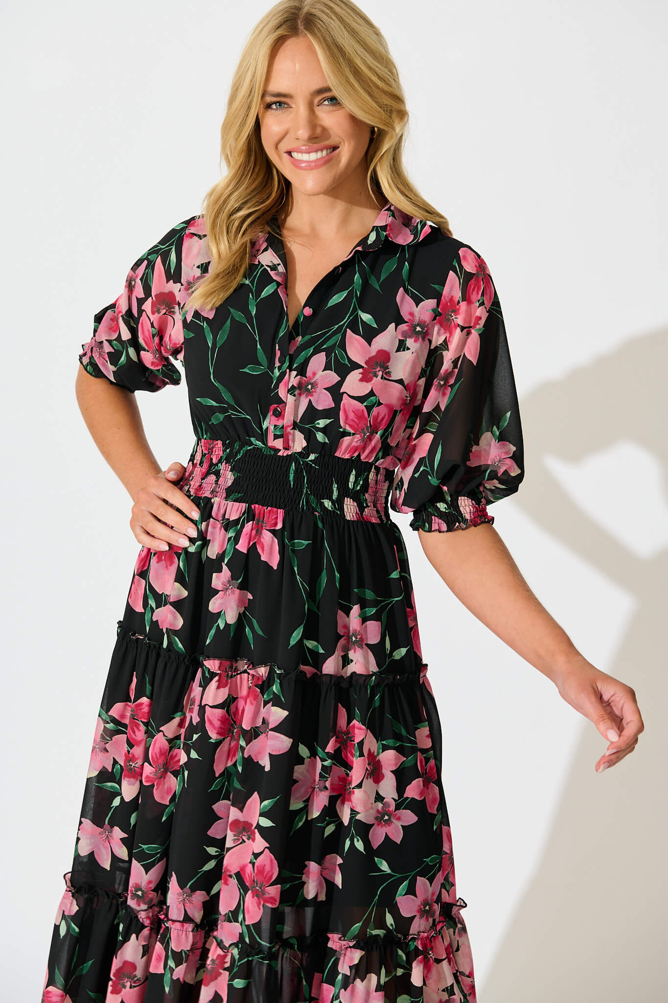 Brittney Midi Dress In Black And Pink Floral Chiffon – St Frock