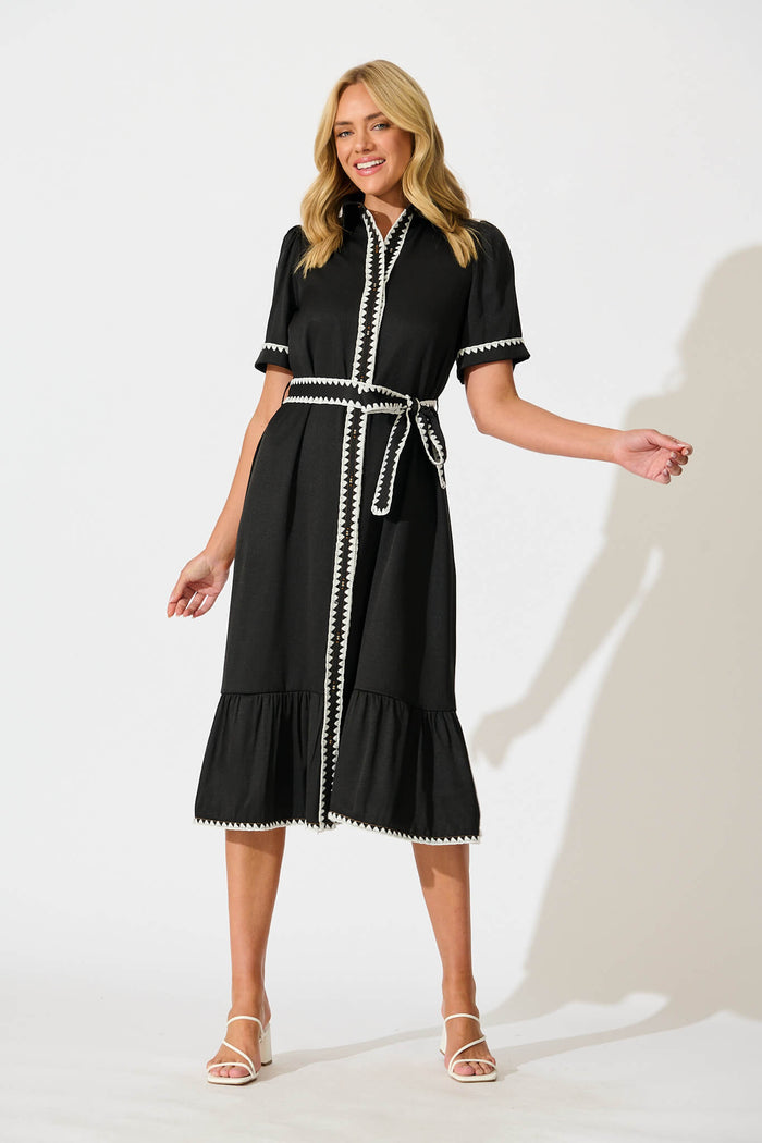 black shirt dress australia Black Midi Shirt Dress: Belted Long Sleeve Formal Wear