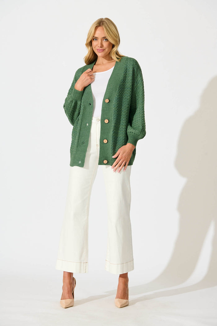 Jenisha Knit Cardigan in Green Cotton Blend - full length