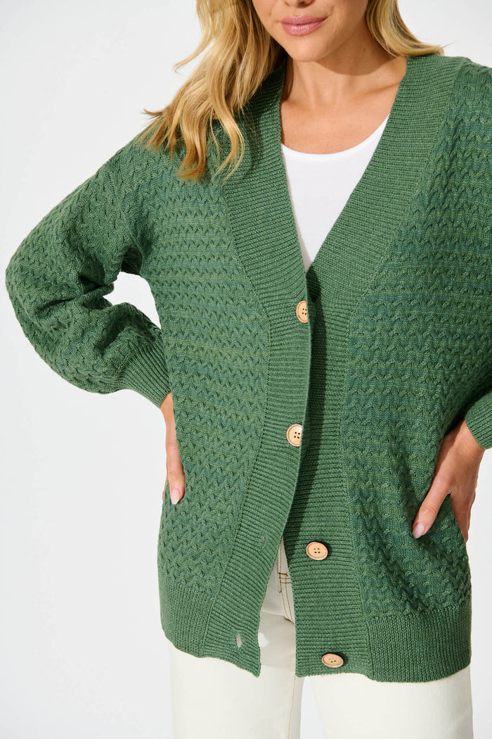 Jenisha Knit Cardigan in Green Cotton Blend - detail