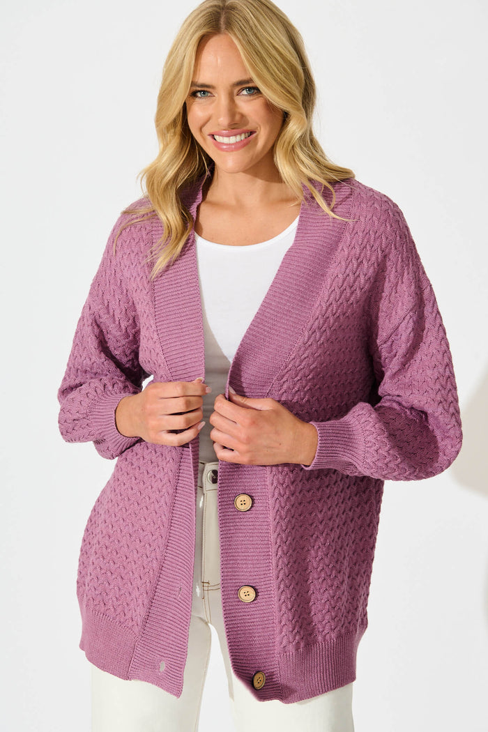 Jenisha Knit Cardigan in Lilac Cotton Blend - front