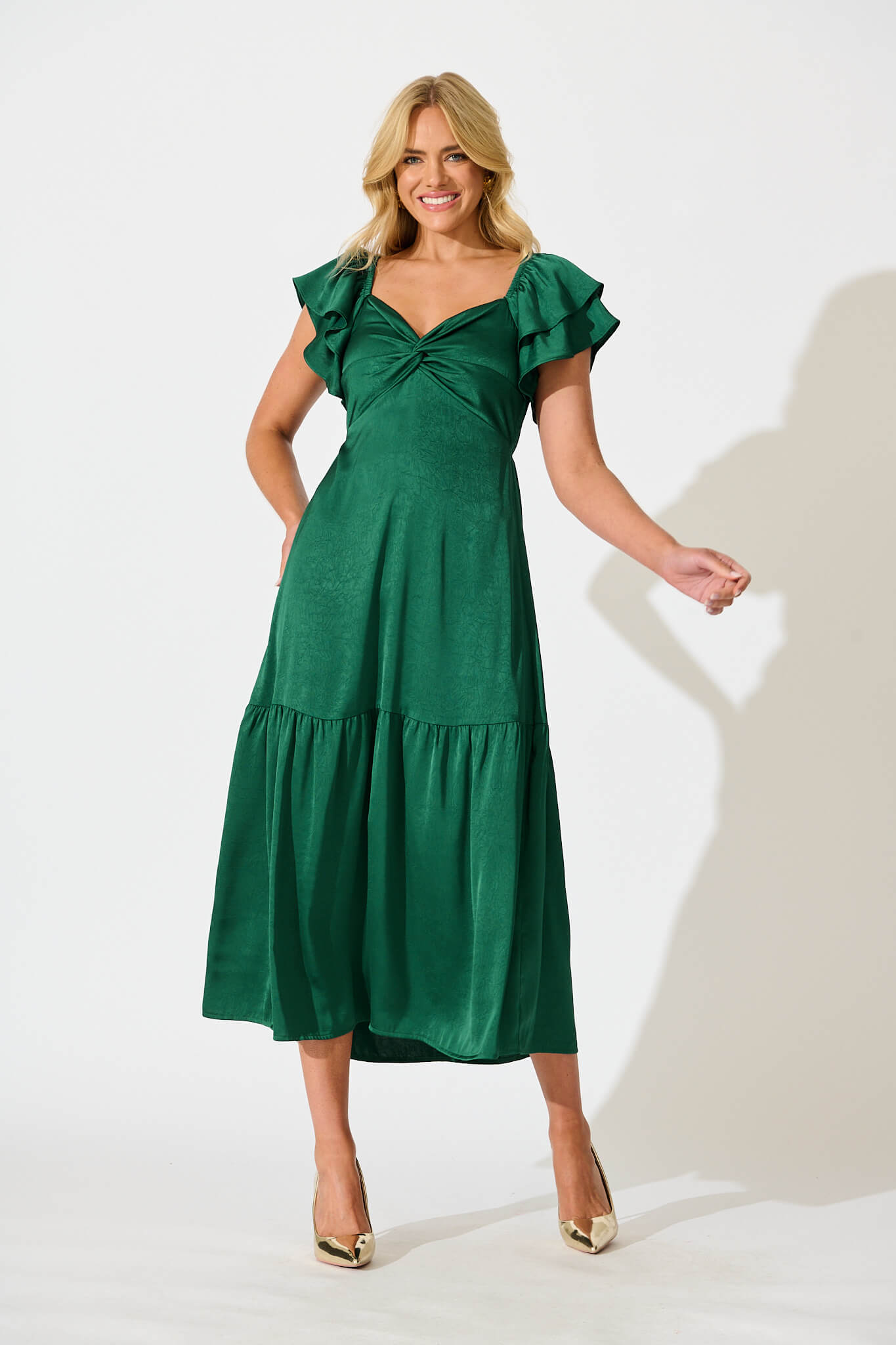 Constantine Maxi Dress in Emerald Green Crinkle Satin St Frock Constantine Maxi Dress in Emerald Green Crinkle Satin St Frock