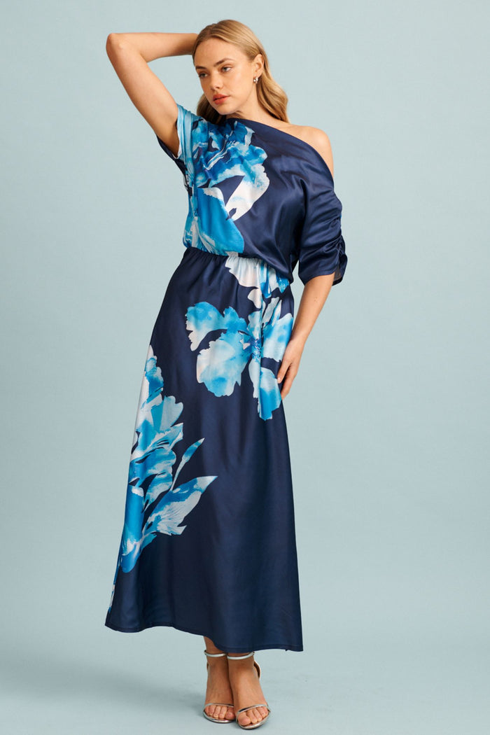 Sarita Maxi Off Shoulder Dress in Navy Floral Satin