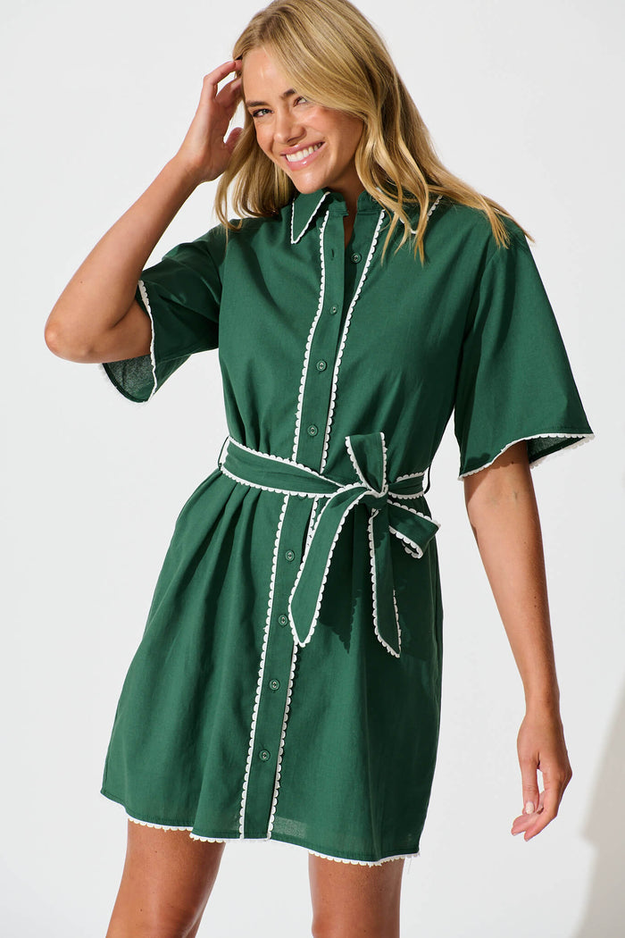 Miela Shirt Dress in Emerald with White Contrast Trim Cotton St Frock Miela Shirt Dress in Emerald with White Contrast Trim Cotton St Frock