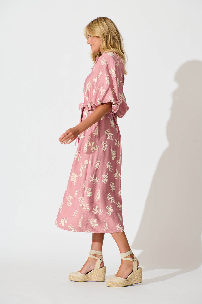 Jasmine Midi Shirt Dress in Dusty Rose with Cream Leaf - side