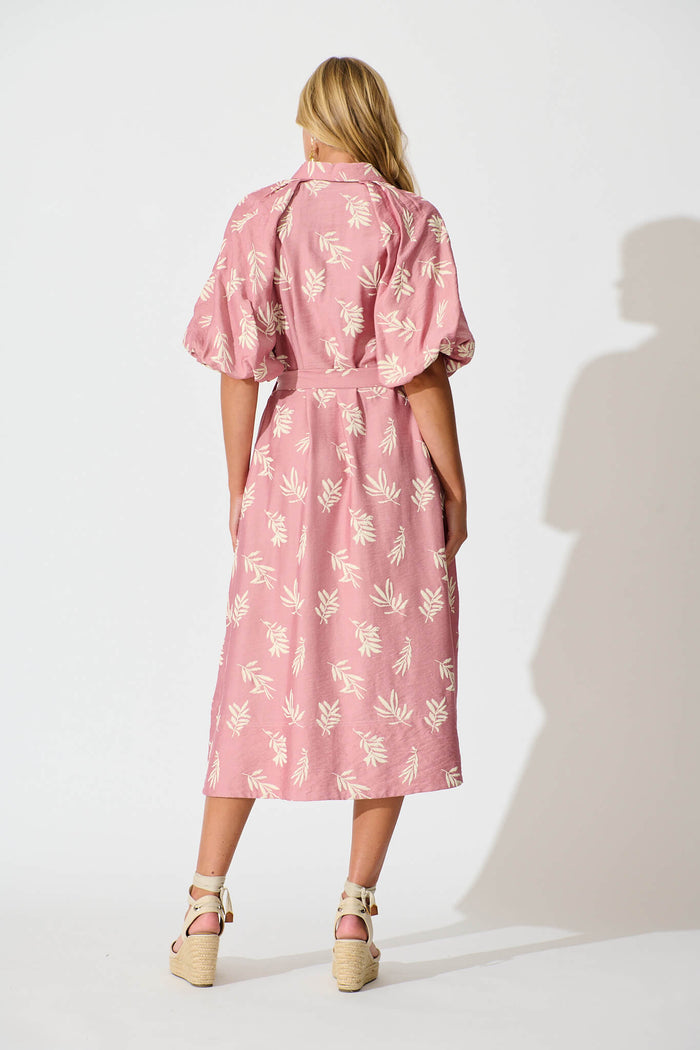 Jasmine Midi Shirt Dress in Dusty Rose with Cream Leaf - back