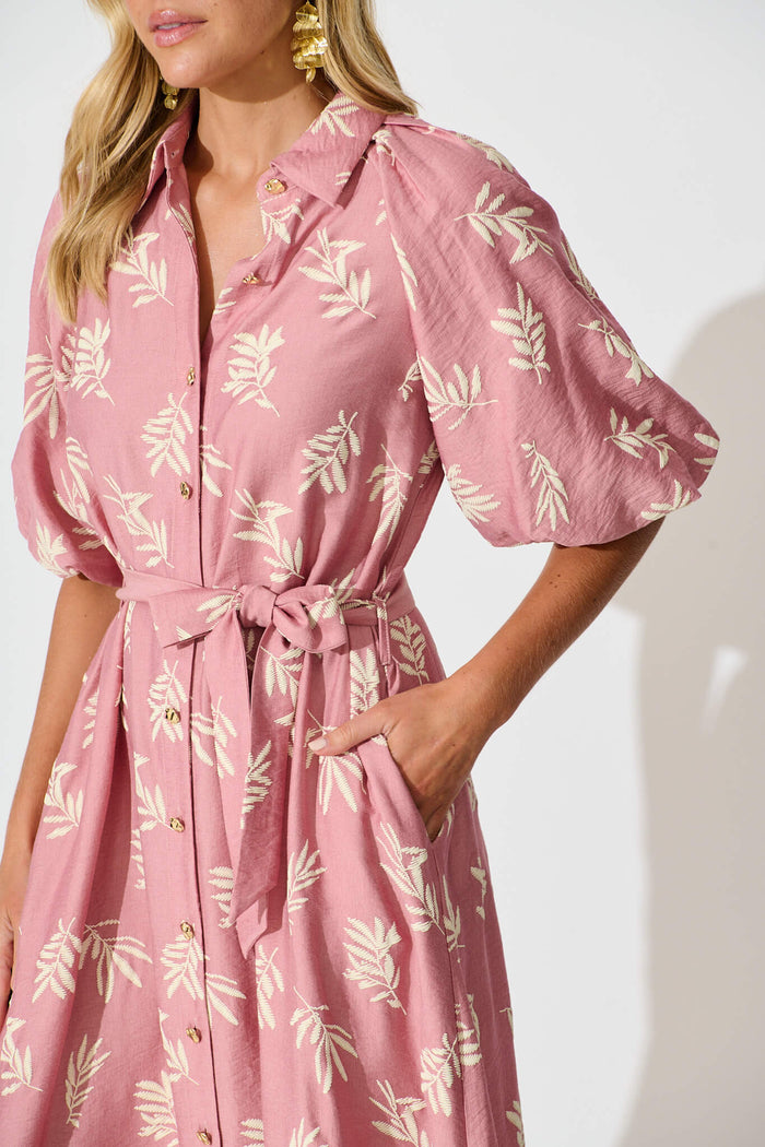 Jasmine Midi Shirt Dress in Dusty Rose with Cream Leaf - detail