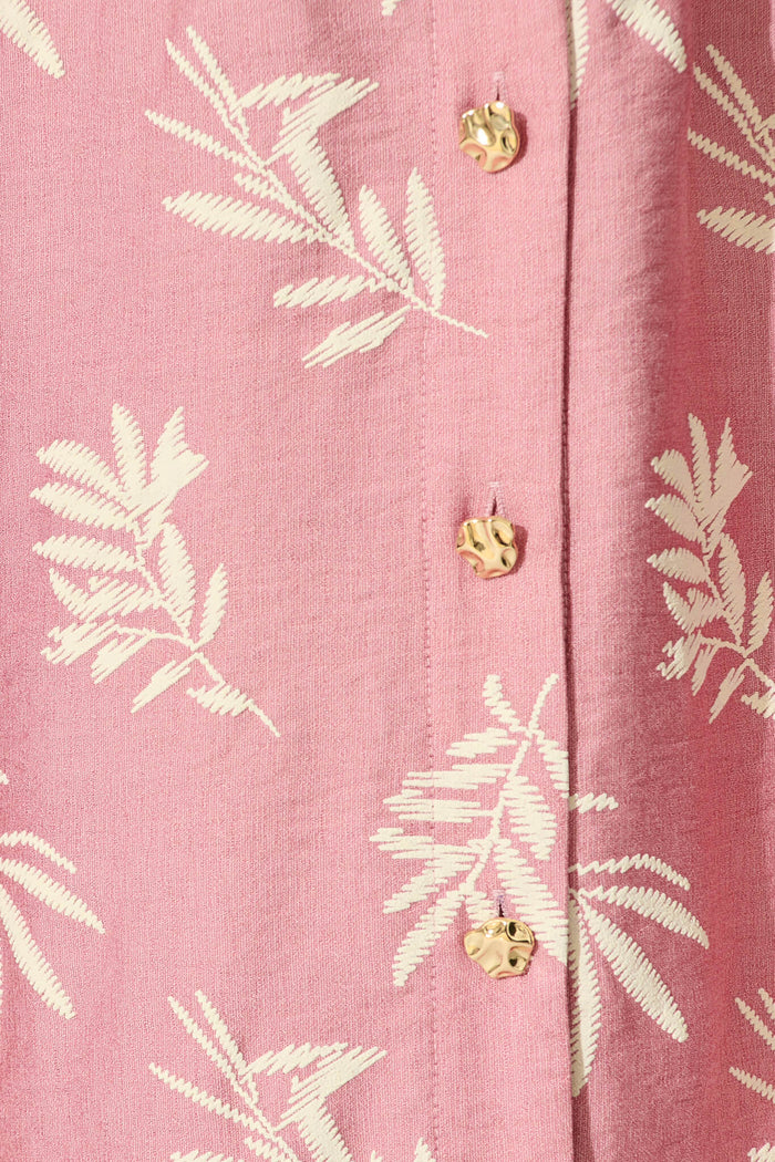 Jasmine Midi Shirt Dress in Dusty Rose with Cream Leaf - fabric