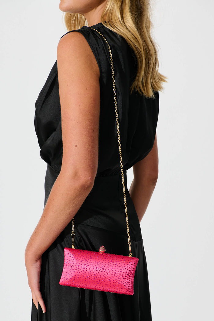 Sonia Clutch Bag in Pink Diamante - POM side sling